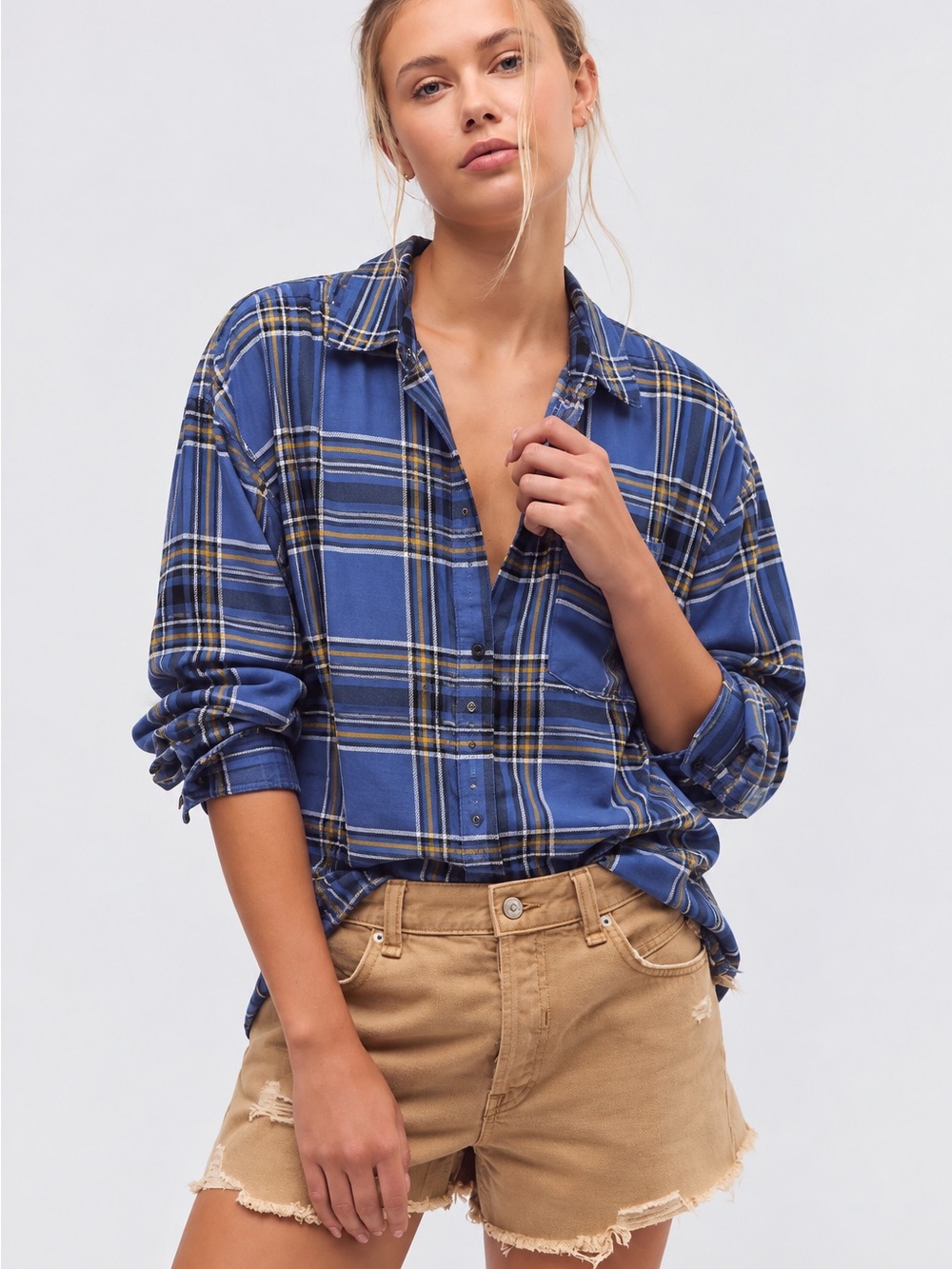 228. Blue Plaid Button-Down Shirt - Casual Women's Top